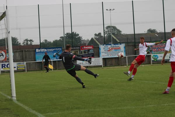 Match action: Skegness Town v Frickley. Photo: Oliver Atkin