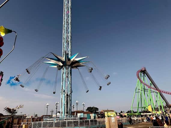 'It's a boy!' - blue smoke from the Starflyer at Fantasy Island in ingoldmells.