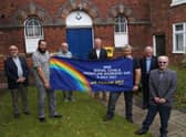 Members of Bayons Lodge with the banner outside the Jameson Bridge Street Masonic Hall EMN-210507-144735001