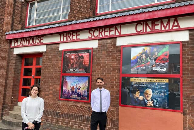 Victoria Atkins MP and manager James Pickworth outside the Playhouse Cinema in Louth.