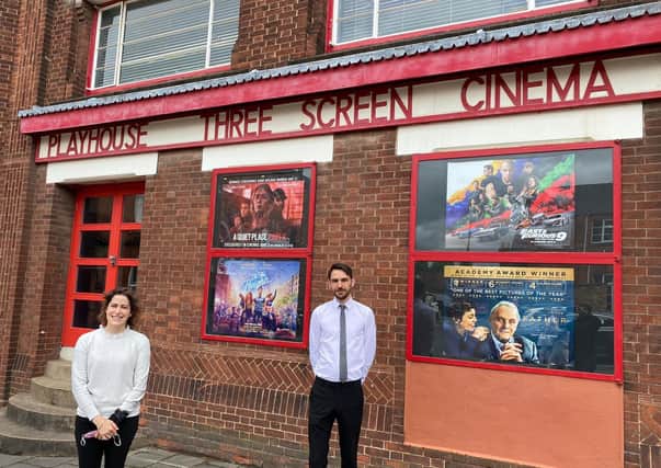 Victoria Atkins MP and manager James Pickworth outside the Playhouse Cinema in Louth.
