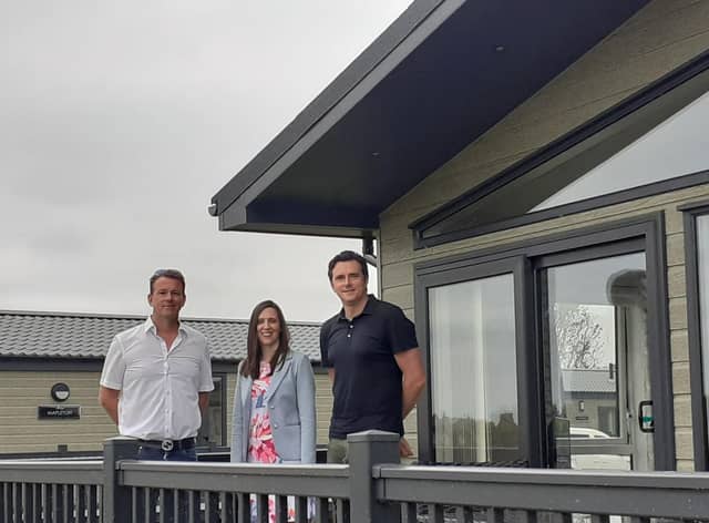 Lloyd Silvester (left), of Sycamore Farm Park Ltd, pictures with Debbie Harper, HSBC UK Area Corporate Director for East Midlands, and Phil Simpson HSBC UK Asset Finance Relationship Director.