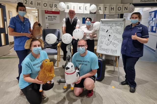 The launch of the 24-hour bikeathon at Skegness Hospital to raise £3,000 to buy a therapy dog for the Scarbrough Ward.