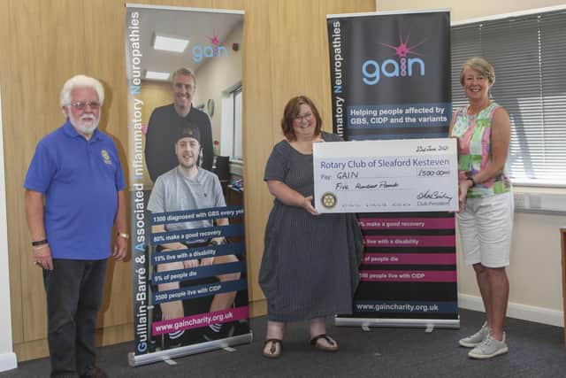 President Angela Bailey and Rotarian Keith Austen giving the cheque to Chief Executive Caroline Morrice of GAIN (Guillain-Barre & Associated Inflammatory Neuropathies). EMN-210907-145312001