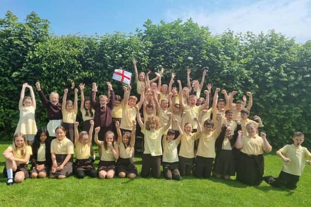 Excited pupils at the Richmond School in Skegness ahead of the Euro 2020 final between England and Italy on Sunday.