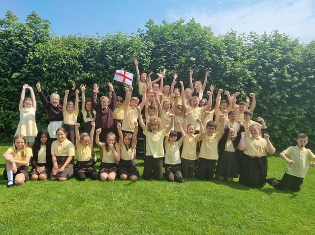 Excited pupils at the Richmond School in Skegness ahead of the Euro 2020 final between England and Italy on Sunday.