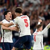 Harry Maguire and John Stones celebrate victory over Denmark. Photo: Getty Images