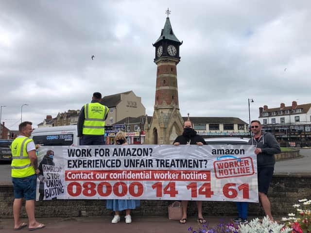 Protestors campaigning for union rights for Amazon workers.