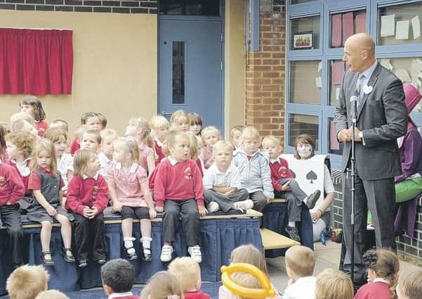 World Cup 2010 final referee Howard Webb pays a visit to Church Lane School, Sleaford.