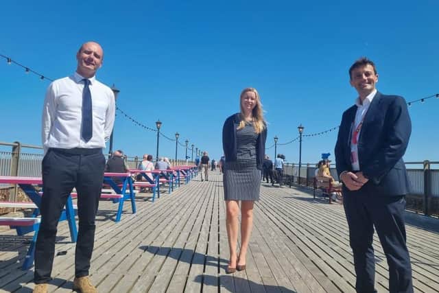 Consultant Stephen Barker, Clare Draper, Mellors Group finance directpr and John Morgan, Leonard Designs at the launch of Stakeholder events to discuss major plans to extend Skegness Pier to its former glory.