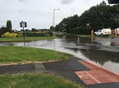 Flooding at the B1200 crossroads in Manby. Photo: Ian Butcher