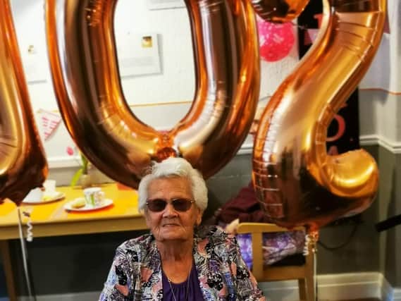 Pat celebrating her 102nd birthday at Meadow Sands care home in Skegness.