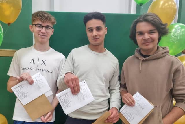 AJ Tomlinson, Zephyr Boney Hundal and Kieran Holden relieved to finally get their results.