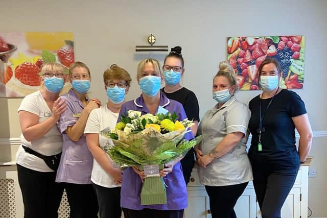 Celebrating 25 years at Hunters Creek Care Home, floor manager Mandy Stopper and her colleagues.