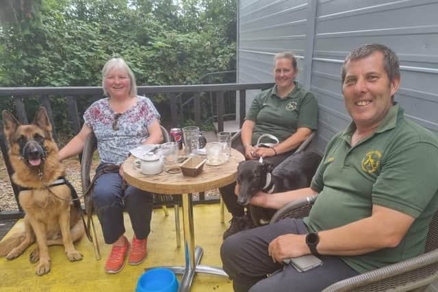 Mick Fern of Fen Bank Greyhound Sanctuary and friends enjoying the facilities at the tearooms.