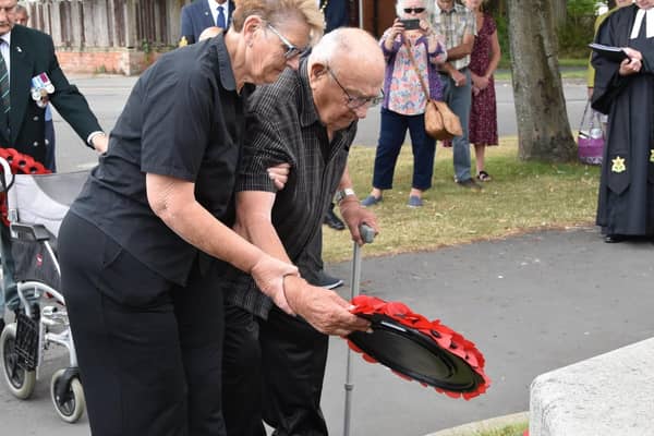 Burma Star veteran Fred Conway, 96, lays a wreath at the memorial in Skegness on VJ Day.