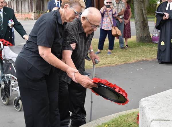 Burma Star veteran Fred Conway, 96, lays a wreath at the memorial in Skegness on VJ Day.