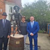 A new statue has been unveiled outside the Derbyshire Children's Holiday Centre in Skegness after the original one was stolen. Pictured are Coun Richard Cunnington, Ali Byerley, centre manager, and Coun Mark Dannatt.