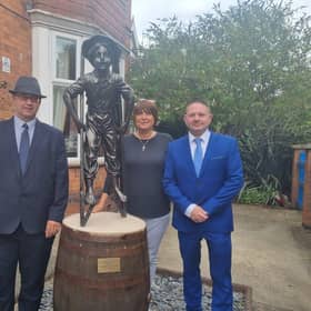 A new statue has been unveiled outside the Derbyshire Children's Holiday Centre in Skegness after the original one was stolen. Pictured are Coun Richard Cunnington, Ali Byerley, centre manager, and Coun Mark Dannatt.