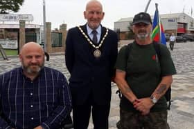 Veteran Leonard Browett (right)   was greeted by Paul Dixon, chairman of the Skegness branch of the Royal British Legion and Mayor of Skegness Coun Trevor Burnham after his 100-mile charity walk to Skegness.