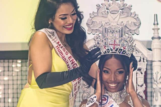 Miss England 2021 was won by London's Rehema Muthamia. Here she is being given the crown by 2019's winner, Bhasha Mukherjee from Boston. Photo: Miss England