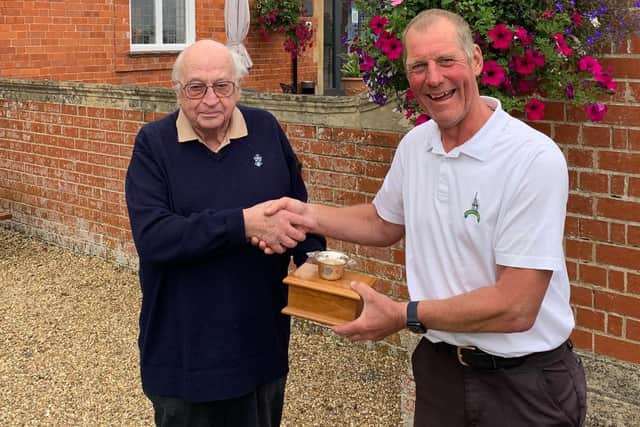 Mick Slowey (right) received the St Andrew’s Quaich from founder Paddy Shillington (Former Kenwick Park secretary and retired R&A member).