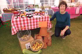 Sue Harris with the Caythorpe and Frieston Allotment Association stall - full of produce. EMN-210609-143856001