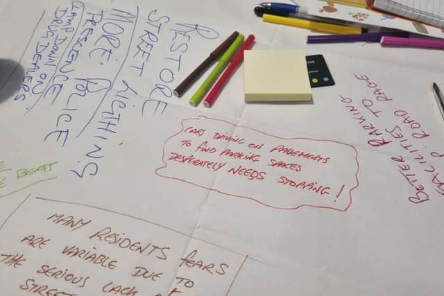 Some of the ideas written on tablecloths.