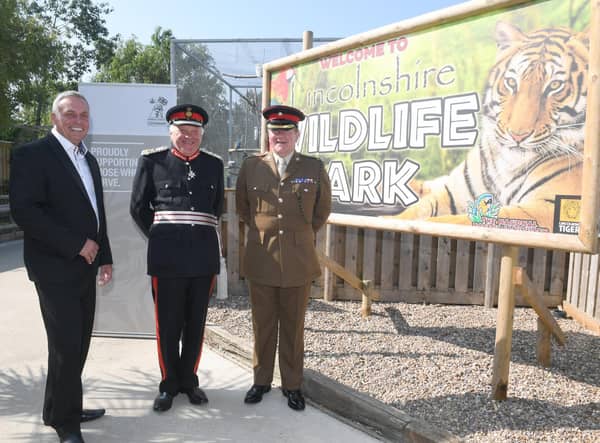 Steve Nichols, the Chief Executive of Lincolnshire Wildlife Park, pictured with the park's patron, the Lord Lieutenant of Lincolnshire Mr Toby Dennis, and Major Mitch Pegg, Officer Commanding of the 3rd Battalion The Royal Anglian Regiment.