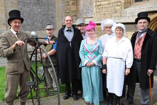 Pictured, from left, Andrew West and Brian Addison of the Boston Veteran Cycle Club with Bennington Community Heritage Trust members Kevin Pinner, Robert Bell, Kerry Francis, Irene Presgrave, Judy Crowe and 
Peter Aiers - Churches Conservation Trust.