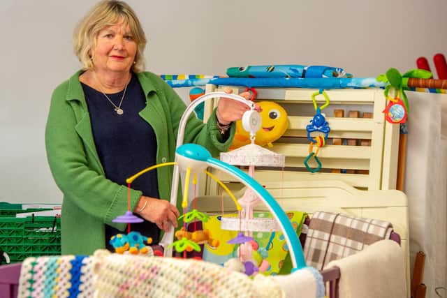 Jill Makinson-Sanders with some of the items at Louth's baby bank.