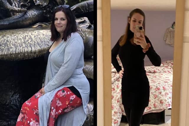 Lizzy Owen, before and after her weight loss.