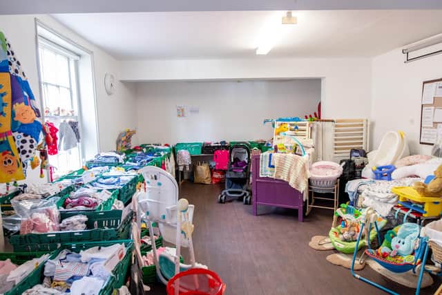 Many of the donations of baby clothes and equipment at the Louth Baby Bank.