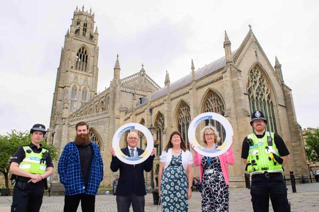 #BeBoston campaign launched by Boston Borough Council. Pictured, from left, Fran Harrod, (Boston Neighbourhood Policing Inspector) Ben Gardner (influencer), Coun Paul Skinner, Coun Judith Skinner, Coun Yvonne Stevens, PC Will Robson. Photo: Chris Vaughan Photography.