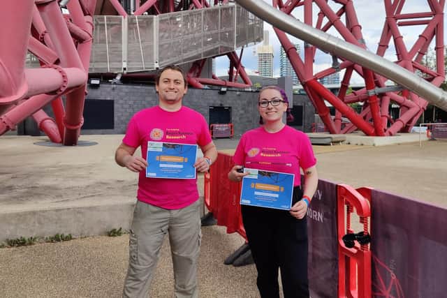 Joshua and Maria after completing the abseil in London.