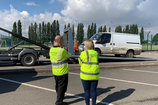 Staff from the Environment Agency (EA) discuss the process of this seized vehicle discovered which had ‘no MOT or tax and was not road worthy’.