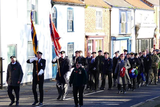 Spilsby and district Royal British Legion march through the town on Remembrance Day.