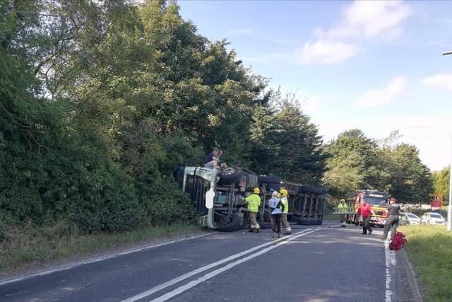 The overturned lorry on the A16 in Burwell. (Photo: Louth Police)