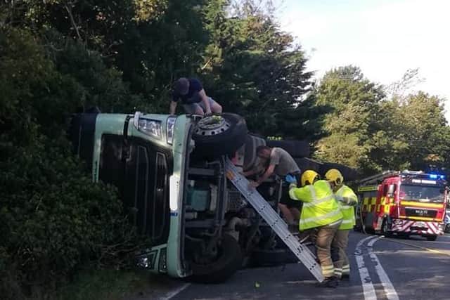 The overturned lorry on the A16 in Burwell. (Photo: Louth Police)