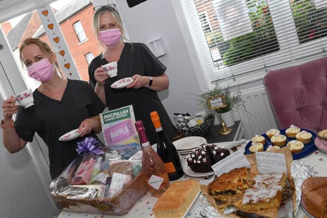 L-R Laura O'Sullivan - beauty therapist, Christine Massey - salon owner.at their Macmillan Coffee Morning. EMN-210926-122146001