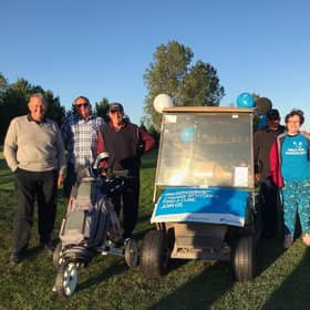 Coming off the last 18th - Matt Tunaley and all his golf buddies and Carole Fewings, Club Captain at South Kyme. EMN-210929-165740001