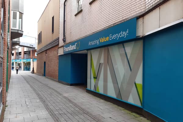 Two Poundlands ... the side of the future Poundland, in Market Place, and the existing store in Pescod Square in the background.