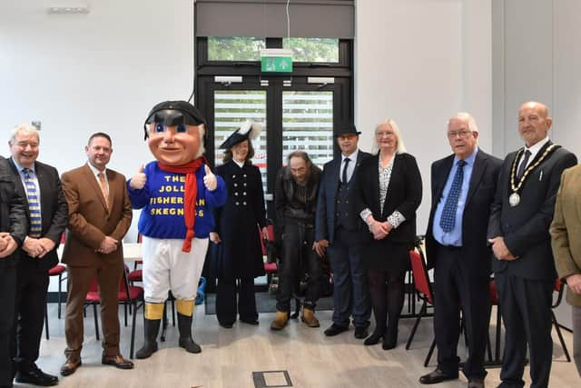 Paul Russell received his award from High Sherriff Claire Birch in the presence of the Jolly Fisherman and members of Skegness Town Council. Photo: Barry Robinson.