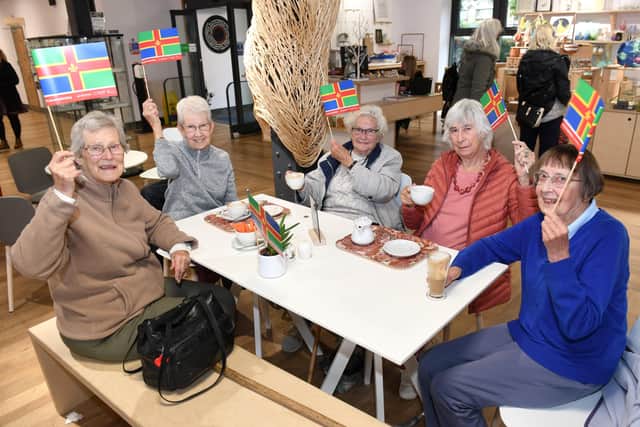 Lincolnshire Day spirit at The Hub. L-R Jeanne Avidon, Anne Smeath, Barbara Osgerby, Sheila Evans, Lorraine Bick EMN-210410-101131001