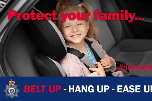Lincolnshire Police's Belt Up, Hang Up, Ease Up campaign. highlighting the use of child restraints in vehicles. EMN-210510-151519001