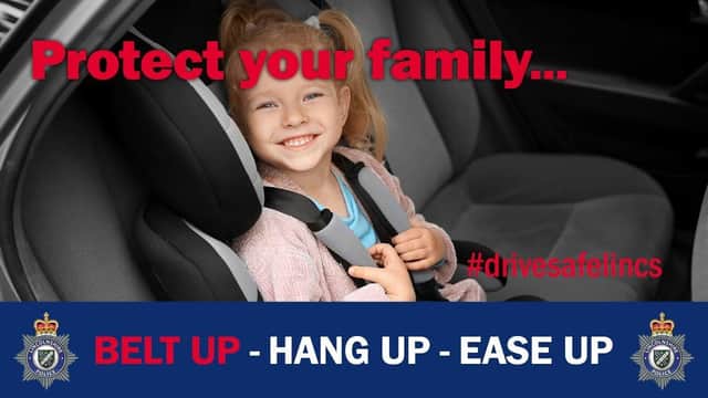 Lincolnshire Police's Belt Up, Hang Up, Ease Up campaign. highlighting the use of child restraints in vehicles. EMN-210510-151519001