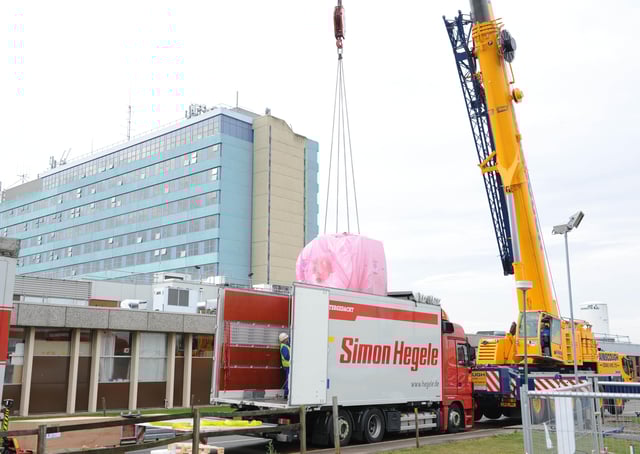 The new MRI scanner arrives at Boston's Pilgrim Hospital.