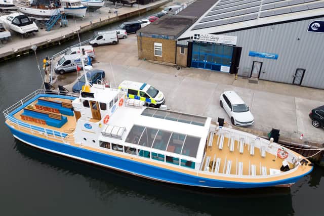 A cruise boat called the Dorset Belle which has been impounded at Cobb's Quay Marina in Poole, Dorset, after a 17-year-old-boy and a girl aged 12 sustained "critical injuries" on Wednesday, and later died in hospital following an incident off Bournemouth beach. Picture date: Friday June 2, 2023. PA Photo. See PA story POLICE Bournemouth. Photo credit should read: Andrew Matthews/PA Wire