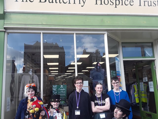 Charlie pops in to the Butterfly Hospice Trust shop.