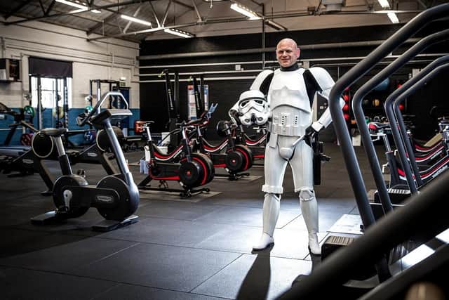 In training - Cpl Tupholme dressed as a Storm Trooper for his Macmillian charity climb.